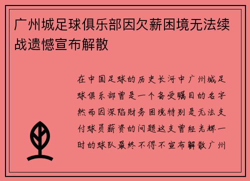 广州城足球俱乐部因欠薪困境无法续战遗憾宣布解散