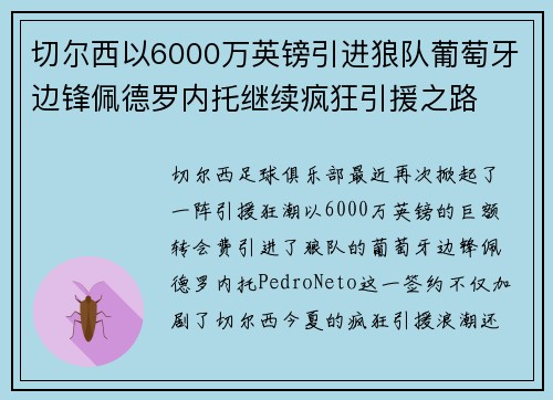 切尔西以6000万英镑引进狼队葡萄牙边锋佩德罗内托继续疯狂引援之路